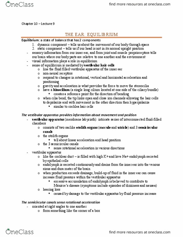 BIOL 2410 Lecture Notes - Lecture 9: Vestibular System, Semicircular Canals, Dura Mater thumbnail