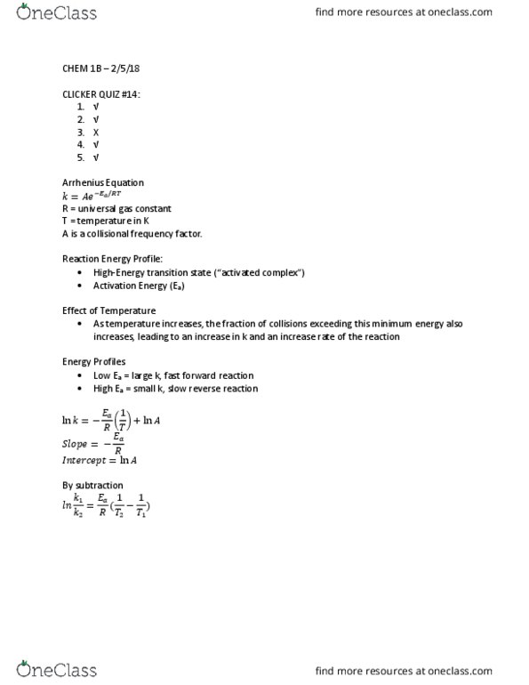 CHEM 001B Lecture Notes - Lecture 20: Gas Constant, Arrhenius Equation, Activated Complex thumbnail