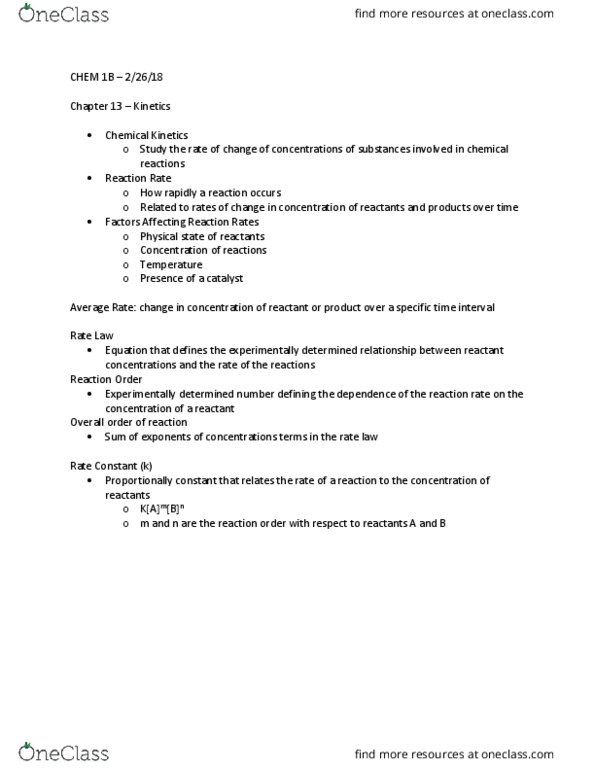 CHEM 001B Lecture Notes - Lecture 17: Reaction Rate, Rate Equation thumbnail