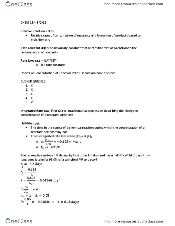 CHEM 001B Lecture Notes - Lecture 19: Rate Equation, Reaction Rate Constant, Stoichiometry thumbnail