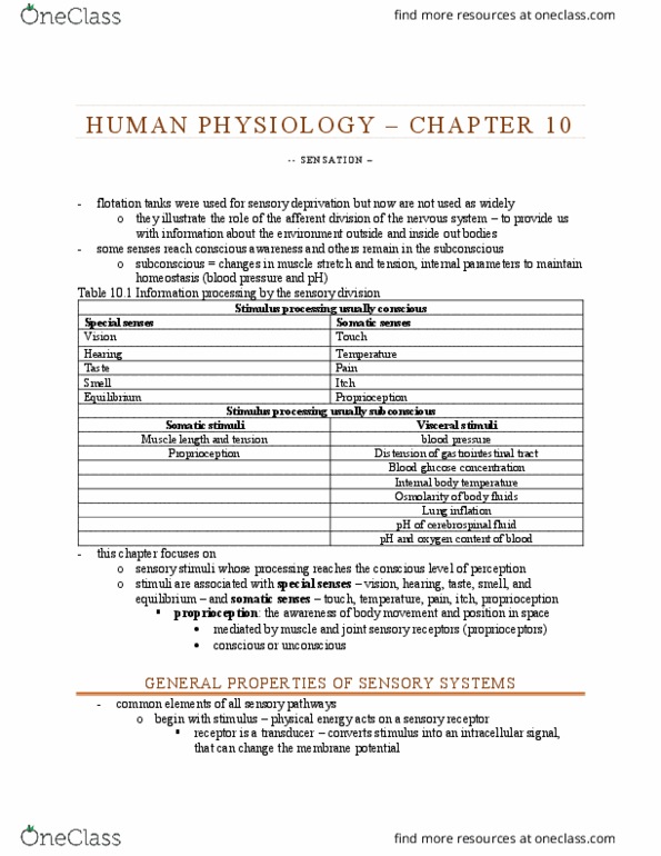 BIOL 2410 Lecture Notes - Lecture 1: Somatosensory System, Sensory Deprivation, Special Senses thumbnail