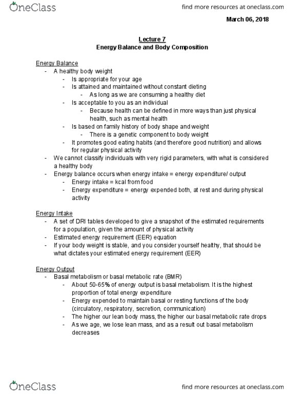 HLSC 2P92 Lecture Notes - Lecture 7: Basal Metabolic Rate, Resting Metabolic Rate, Lean Body Mass thumbnail