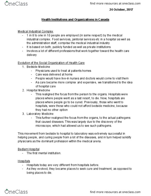 HLSC 2P21 Lecture Notes - Lecture 5: Bethlem Royal Hospital, Neoliberalism, Health Promotion thumbnail