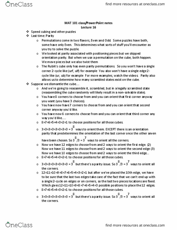 MAT 101 Lecture Notes - Lecture 16: Rubik'S Cube, Pocket Cube, Feliks Zemdegs thumbnail