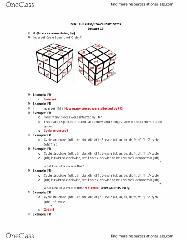 MAT 101 Lecture Notes - Lecture 13: Pocket Cube, Rubik'S Cube thumbnail