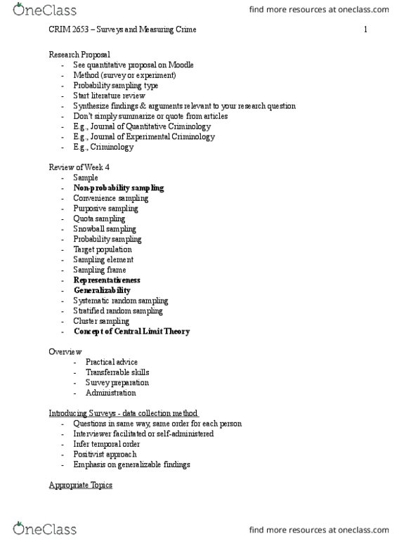 CRIM 2653 Lecture Notes - Lecture 16: Nonprobability Sampling, Snowball Sampling, Quota Sampling thumbnail