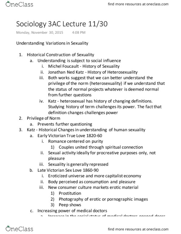 SOCIOL 3AC Lecture Notes - Lecture 25: Jonathan Ned Katz, Michel Foucault, Heterosexuality thumbnail