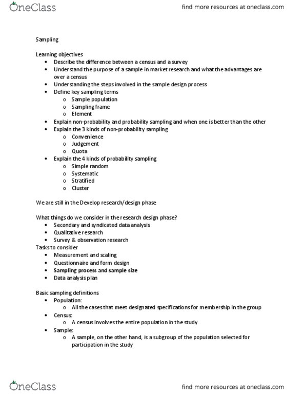 MKTG-310 Lecture Notes - Lecture 16: Nonprobability Sampling, Simple Random Sample, Quota Sampling thumbnail