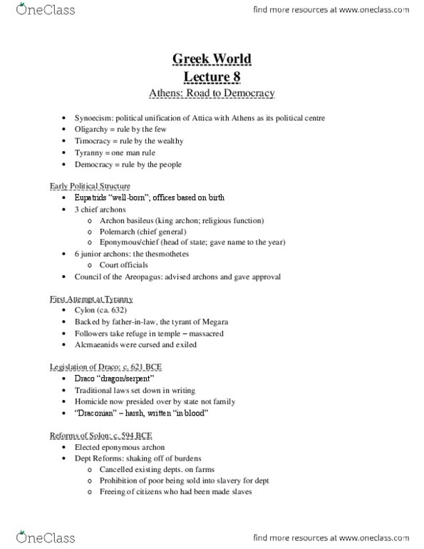 AR104 Lecture Notes - Lecture 8: Ostracon, Peloponnesian League, Pnyx thumbnail