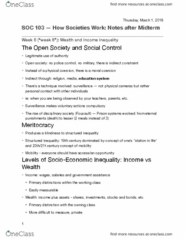 SOC 103 Lecture Notes - Lecture 6: Open Society, Meritocracy, Strange Sensation thumbnail