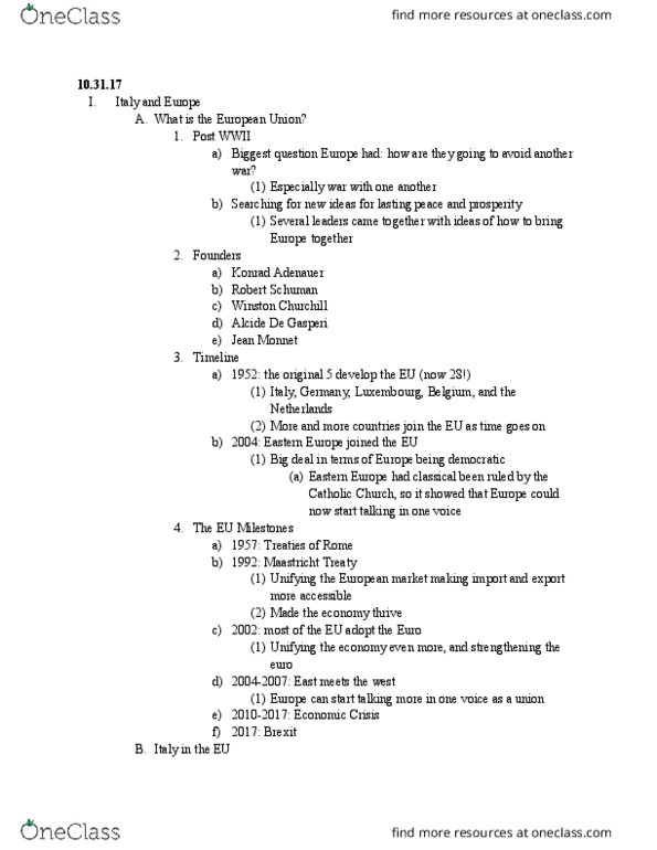 ITAL 20X Lecture Notes - Lecture 2: Alcide De Gasperi, Maastricht Treaty, Robert Schuman thumbnail