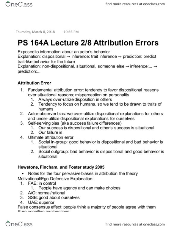 POL SCI 164A Lecture Notes - Lecture 6: Ultimate Attribution Error, Fundamental Attribution Error, Attribution Bias thumbnail