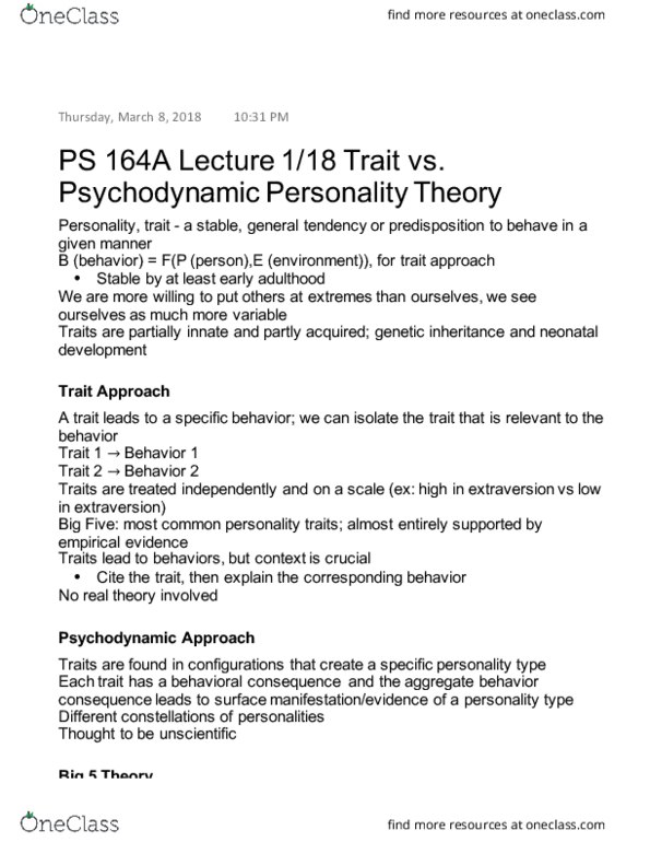 POL SCI 164A Lecture Notes - Lecture 1: Trait Theory, Extraversion And Introversion, Agreeableness thumbnail