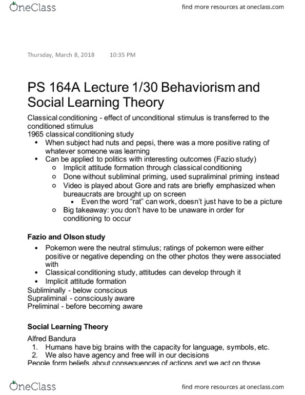 POL SCI 164A Lecture Notes - Lecture 4: Implicit Attitude, Classical Conditioning, Behaviorism thumbnail