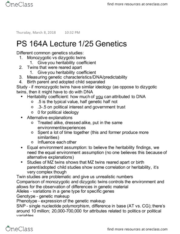 POL SCI 164A Lecture Notes - Lecture 3: Twin Study, Twin, Heritability thumbnail