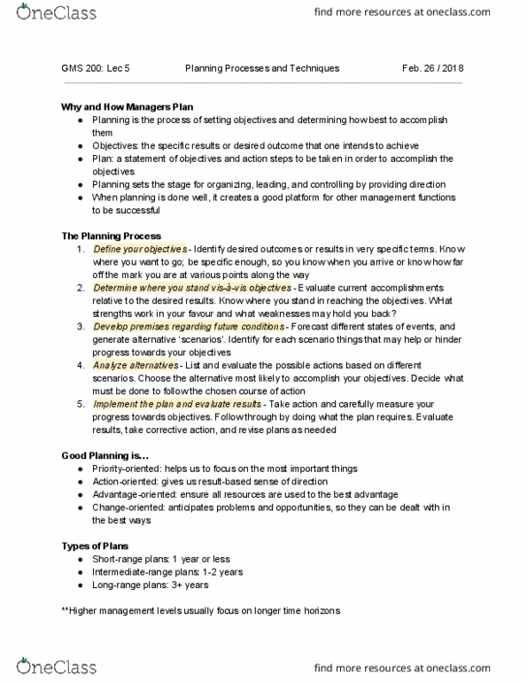 GMS 200 Lecture Notes - Lecture 5: Scenario Planning, Goal Setting, Participatory Planning thumbnail