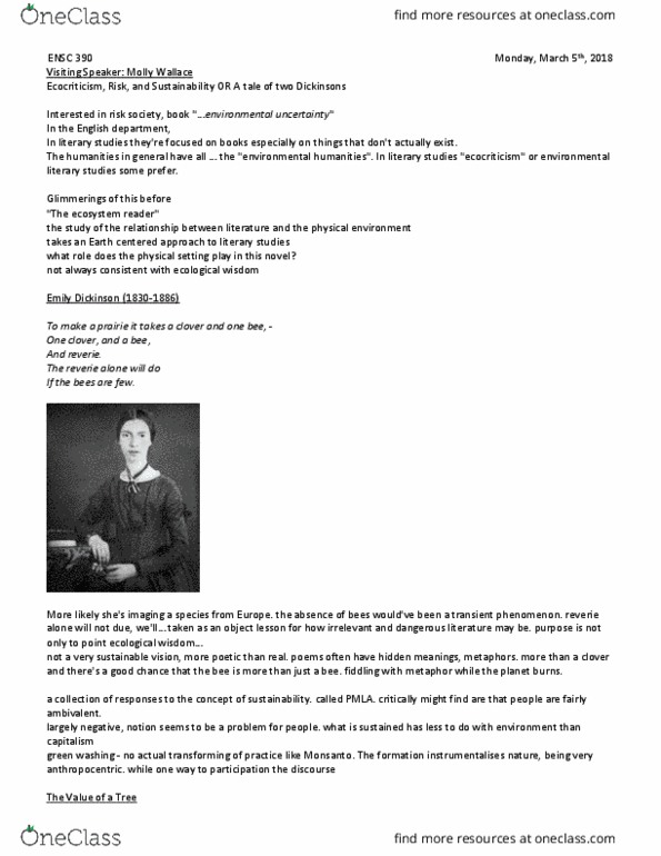 ENSC 390 Lecture Notes - Lecture 8: Emily Dickinson, Ecosophy, Ecocriticism thumbnail