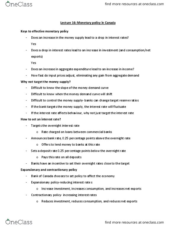 EC140 Lecture Notes - Lecture 16: Overnight Rate, Aggregate Demand, Money Supply thumbnail