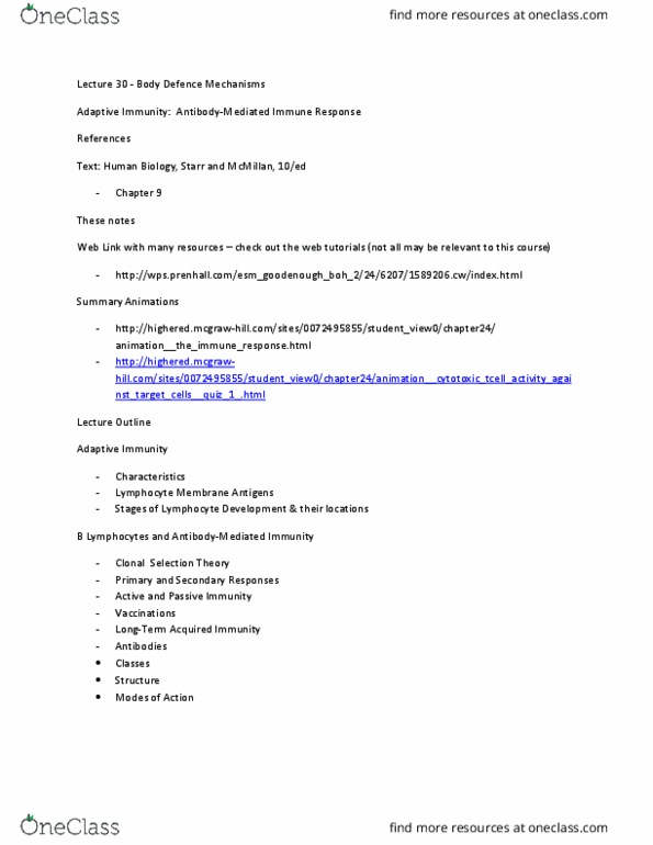 NATS 1610 Lecture Notes - Lecture 30: B Cell, Lymphocyte, Antigen thumbnail