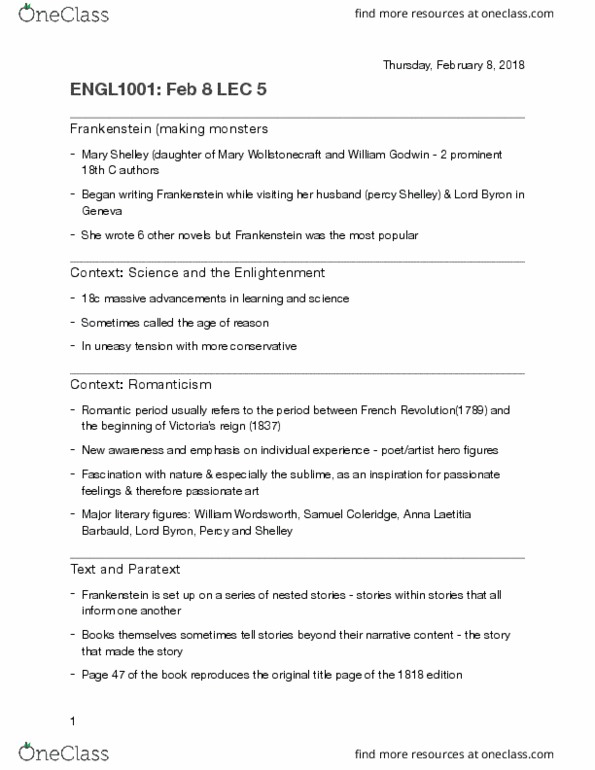 ENGL 1001H Lecture Notes - Lecture 5: Anna Laetitia Barbauld, Samuel Taylor Coleridge, William Godwin thumbnail