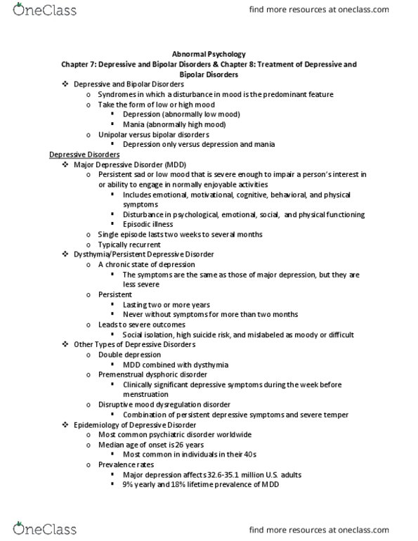 PSY 212 Lecture Notes - Lecture 7: Premenstrual Dysphoric Disorder, Bipolar Disorder, Dysthymia thumbnail