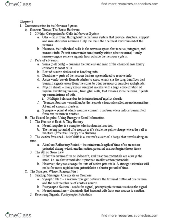 PSY100Y5 Lecture Notes - Lecture 3: Myelin, Axon Terminal, Neuroglia thumbnail