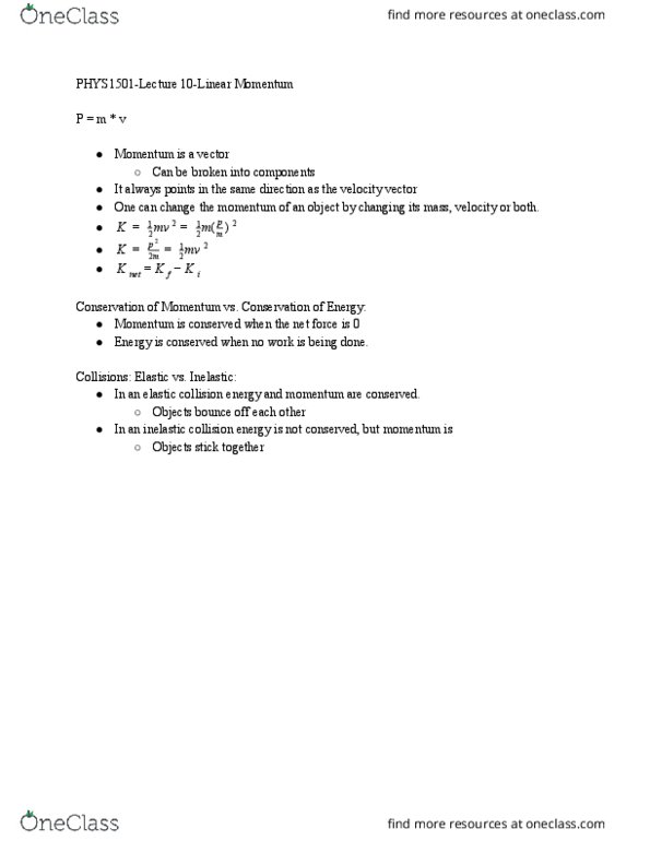 PHYS 1501Q Lecture Notes - Lecture 10: Inelastic Collision, Elastic Collision, Net Force thumbnail