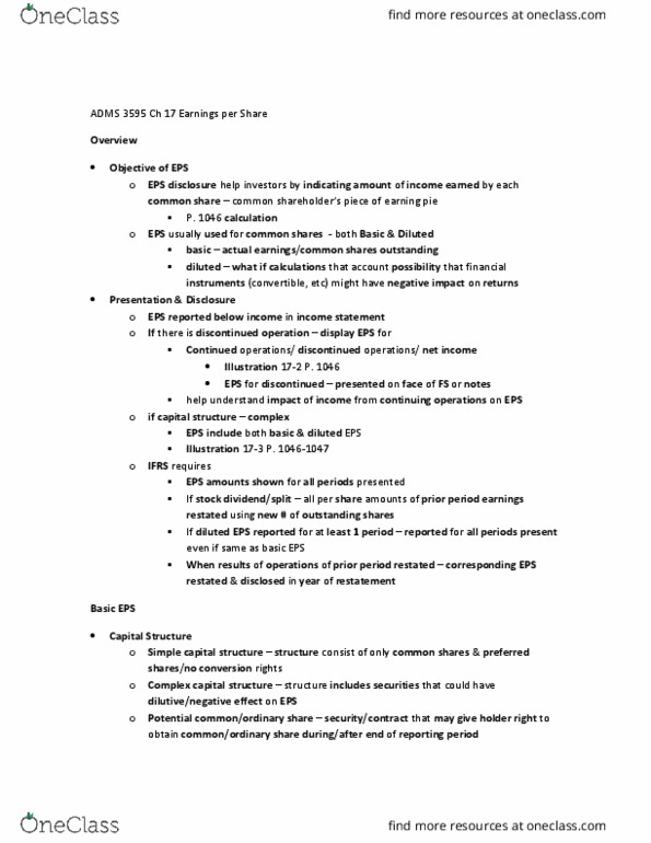 ADMS 3595 Chapter Notes - Chapter 17: Dividend, Shares Outstanding, Capital Structure thumbnail