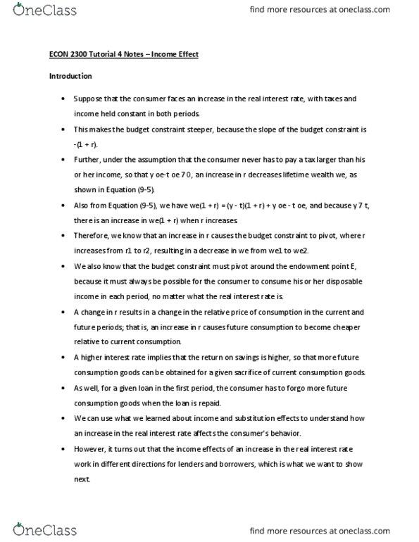 ECON 2300 Lecture Notes - Lecture 4: Real Interest Rate, Budget Constraint, Indifference Curve thumbnail