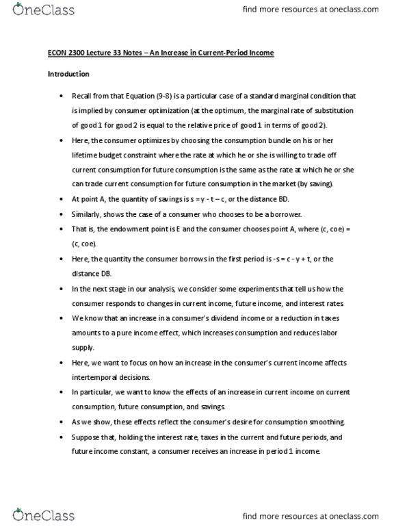 ECON 2300 Lecture Notes - Lecture 33: Real Interest Rate, Budget Constraint, Consumption Smoothing thumbnail