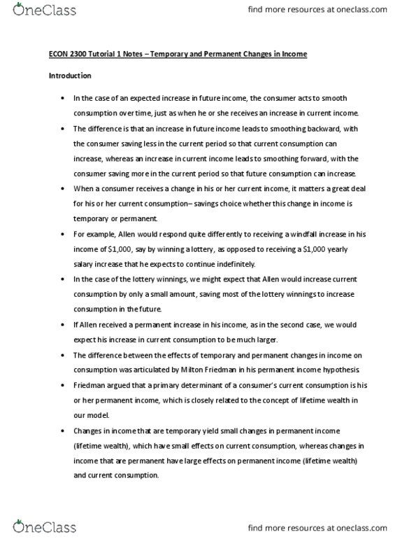 ECON 2300 Lecture Notes - Lecture 1: Permanent Income Hypothesis, Consumption Smoothing, Budget Constraint thumbnail