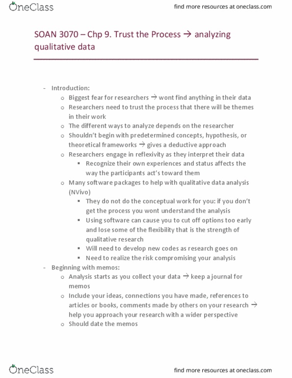 SOAN 3070 Chapter Notes - Chapter 9: Qualitative Research, Nvivo, Impression Management thumbnail