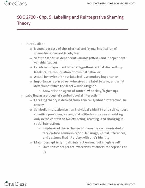 SOC 2700 Chapter Notes - Chapter 9: Symbolic Interactionism, Labeling Theory, Formal System thumbnail