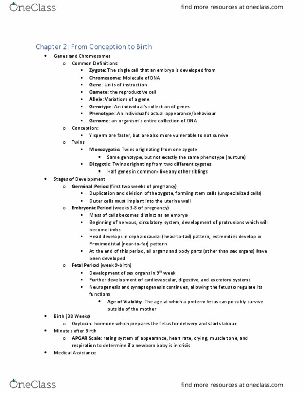 FRHD 1010 Chapter Notes - Chapter 2: Apgar Score, Synaptogenesis, Muscle Tone thumbnail