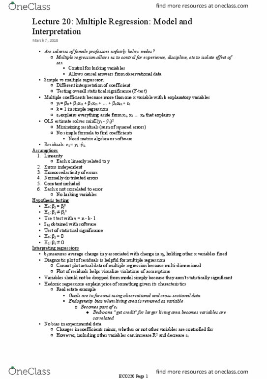 ECO220Y1 Lecture Notes - Lecture 20: Regression Analysis, Homoscedasticity, Statistical Significance thumbnail