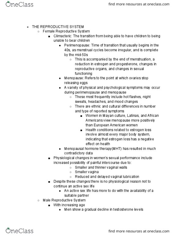 PSY 384 Lecture Notes - Lecture 3: Hormone Replacement Therapy (Menopause), Vaginal Lubrication, Night Sweats thumbnail