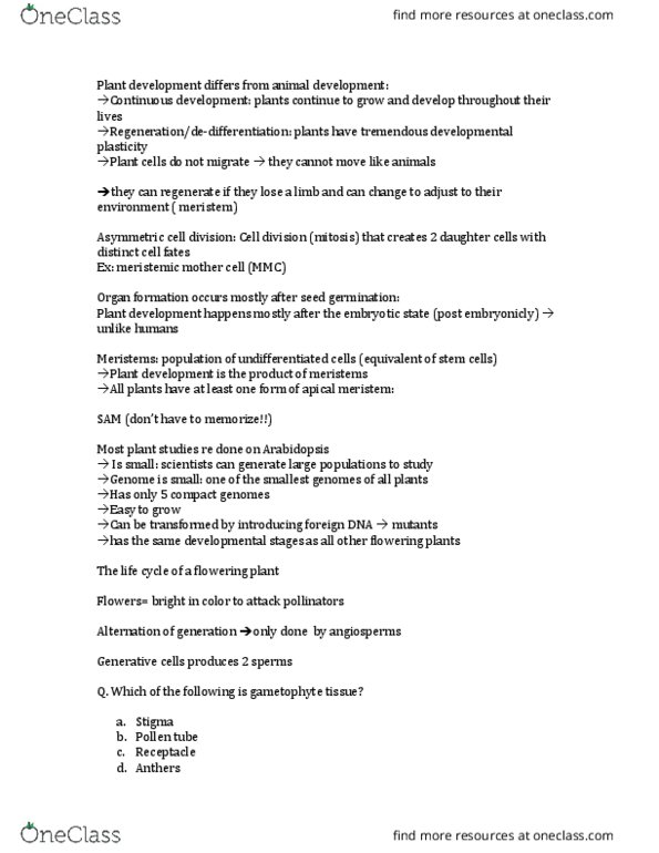 BIOL 225 Lecture Notes - Lecture 9: Pollen Tube, Meristem, Cell Division thumbnail