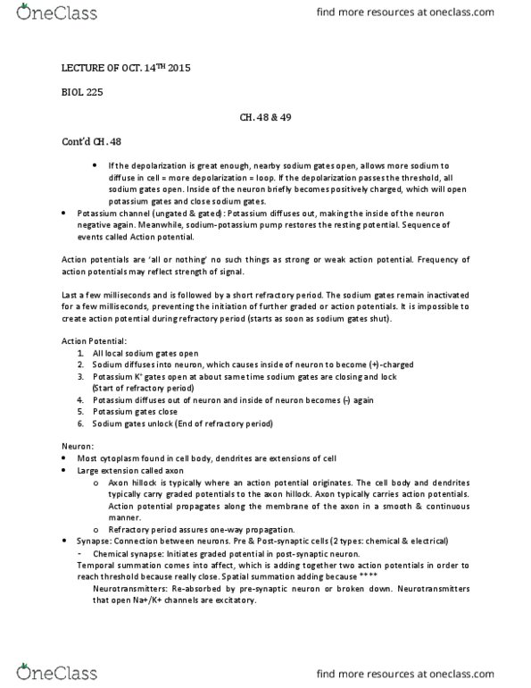 BIOL 225 Lecture Notes - Lecture 1: Axon Hillock, Chemical Synapse, Action Potential thumbnail