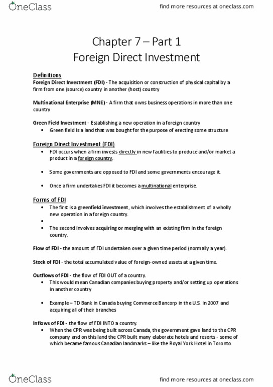 ADM 3318 Lecture Notes - Lecture 11: Foreign Direct Investment, Commerce Bancorp, Greenfield Project thumbnail