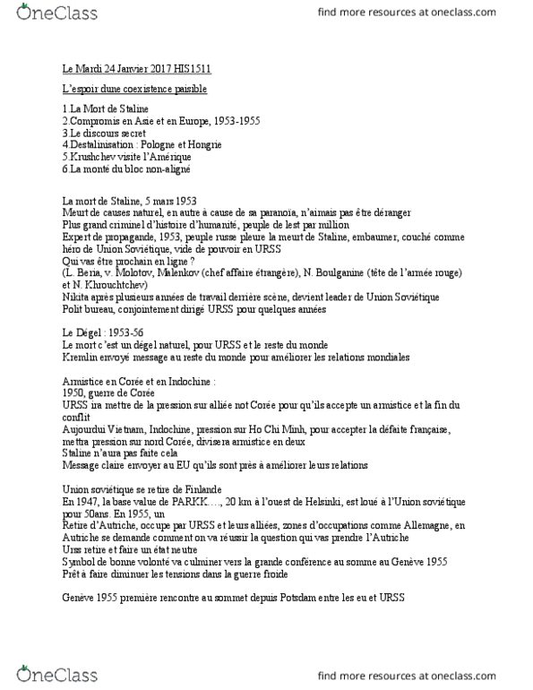 HIS 1511 Lecture Notes - Lecture 4: Le Monde, Grand Pas, De-Stalinization thumbnail