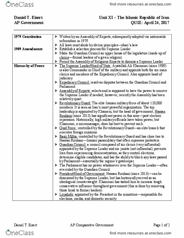 PSCI 1024 Lecture Notes - Lecture 11: Ali Khamenei, Expediency Discernment Council, Guardian Council thumbnail