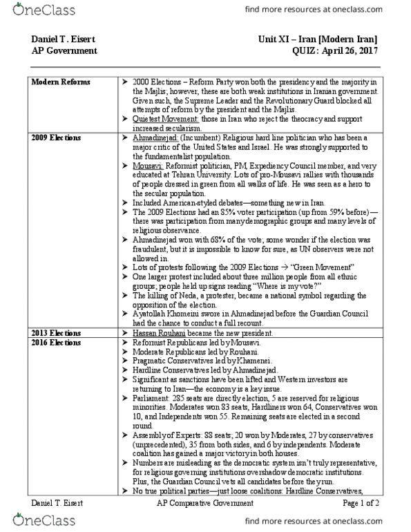 PSCI 1024 Lecture Notes - Lecture 11: Ruhollah Khomeini, Mahmoud Ahmadinejad, Expediency Discernment Council thumbnail