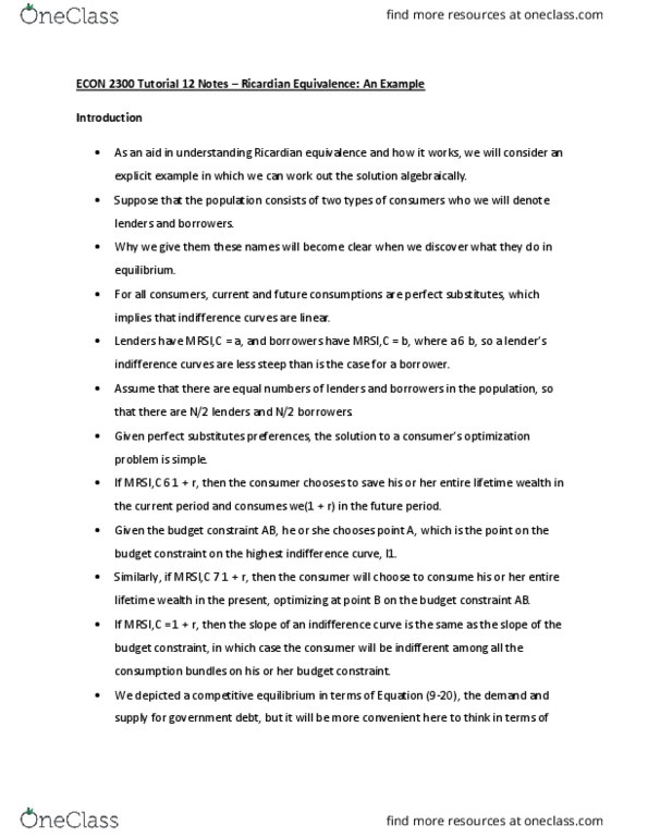 ECON 2300 Lecture Notes - Lecture 12: Ricardian Equivalence, Budget Constraint, Indifference Curve thumbnail