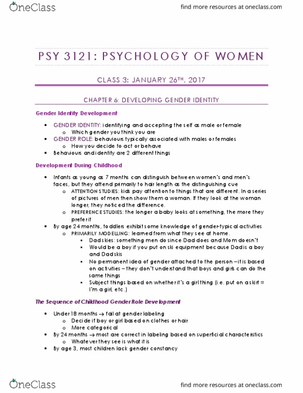 PSY 3121 Lecture Notes - Lecture 3: Gender Identity, 18 Months, Gender Role thumbnail