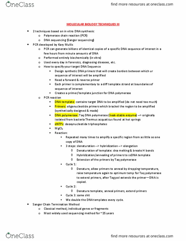 LIFESCI 3 Lecture Notes - Lecture 16: Polymerase Chain Reaction, Taq Polymerase, Kary Mullis thumbnail