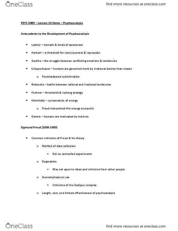 PSYC 3305 Lecture Notes - Lecture 13: Sigmund Freud, Johann Friedrich Herbart, Arthur Schopenhauer thumbnail