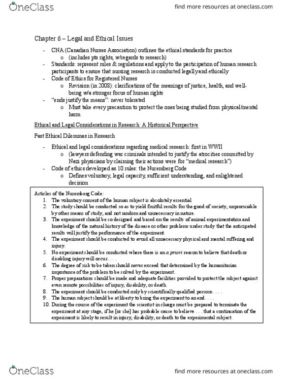 NSG 3301 Chapter Notes - Chapter 6,18,19: Canadian Nurses Association, Nuremberg Code, Convenience Sampling thumbnail