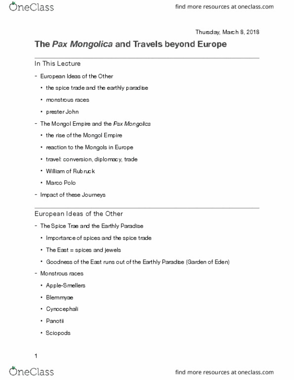 HIST 226 Lecture Notes - Lecture 14: Pax Mongolica, Cynocephaly, Spice Trade thumbnail