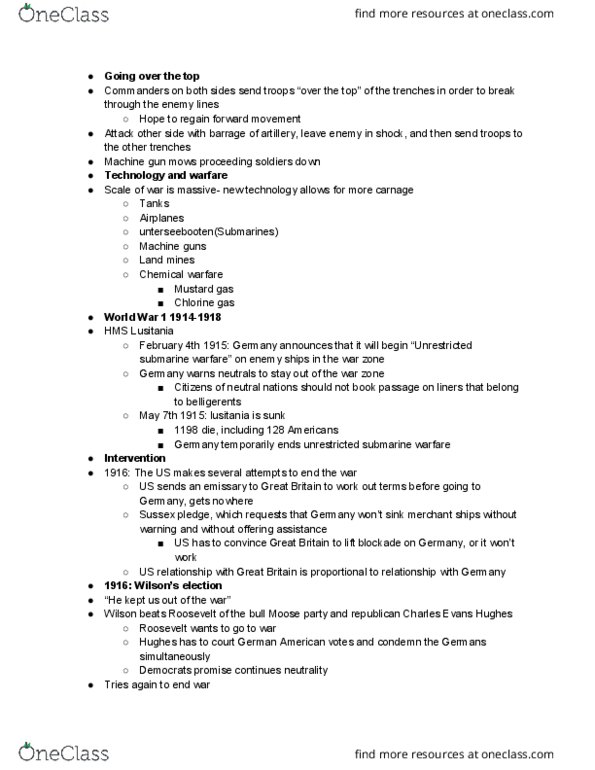 HISTO-1130 Lecture Notes - Lecture 9: Unrestricted Submarine Warfare, Sussex Pledge, Sulfur Mustard thumbnail