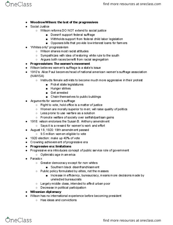 HISTO-1130 Lecture Notes - Lecture 8: Alice Paul, Nineteenth Amendment To The United States Constitution, Progressive Era thumbnail